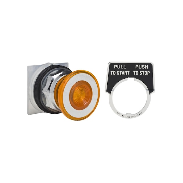 Botón pulsador iluminado Square D, Harmony 9001K, metal, hongo de 41mm, ámbar, 30mm, 2 posiciones, empujar-jalar, 110-120V, 1 contacto normalmente abierto (C/O) - 9001KR9P1AH13