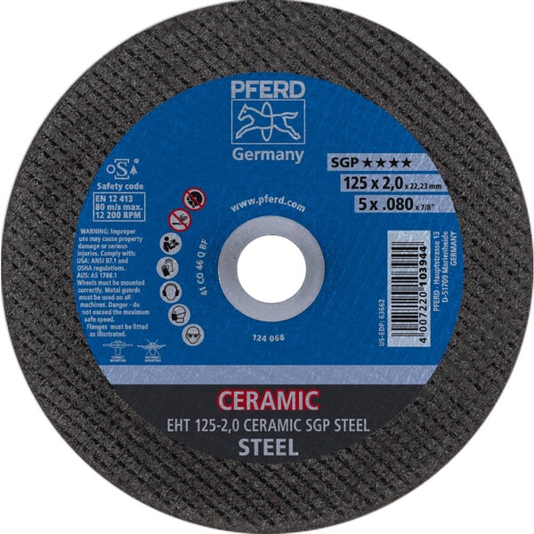 Pferd 5'' x .080'' Cut-Off Wheel, 7/8'' A.H. - CERAMIC SGP STEEL - Type 1 - 63662