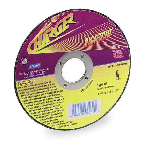Norton Abrasives Abrasive Cut-Off Wheel, Type 1, 7 in Dia, 0.0625 in Thick, 7/8 in Arbor Hole Size, Aluminum Oxide - 66252922675