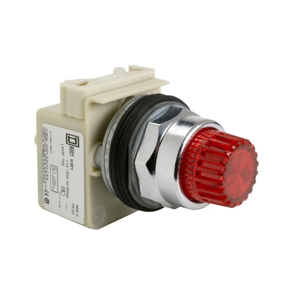 Botón pulsador iluminado, Harmony 9001K, metal, tipo seta de 57mm, color rojo, 30mm, retorno por resorte, 24-28V, 1 contacto normalmente abierto - 9001K2L35R21H13.