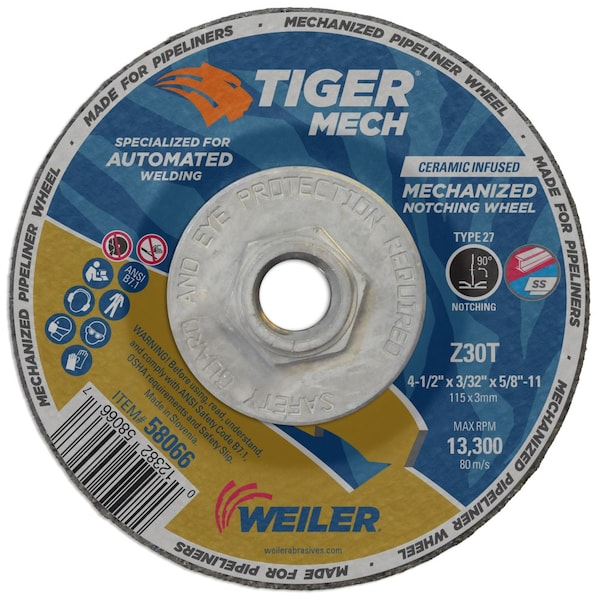 Weiler 4-1/2" x 3/32" TIGER Mechanized Pipeline, Z30T, Type 27, 5/8"-11 Nut - 58066