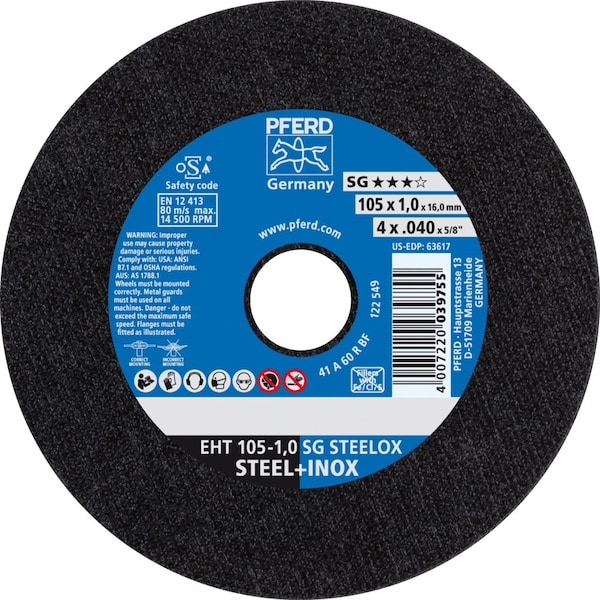 Pferd PFERD Cut-Off Wheel, 4in x .040 x 5/8, SG STEELOX, T1, Aluminum oxide - 63617