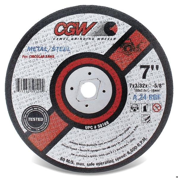Cgw Abrasives Straight Cut-Off Wheel, 7 in Dia x 3/32 in THK, 5/8 in Center Hole, 24 Grit, Aluminum Oxide Abrasive - 59109