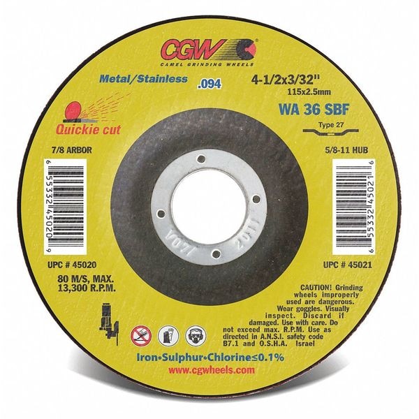 Cgw Abrasives Abrasive Cut-Off Wheel, Type 27, 7 in Dia, 3/32 in Thick, 5/8 in-11 Arbor Hole Size, 36 Grit - 45027
