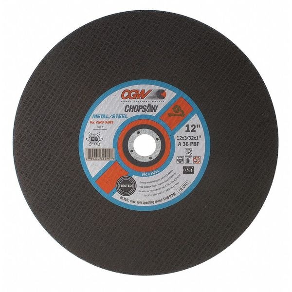 Cgw Abrasives Abrasive Cut-Off Wheel, Type 1, 12 in Dia, 3/32 in Thick, 1 in Arbor Hole Size, Aluminum Oxide - 35575