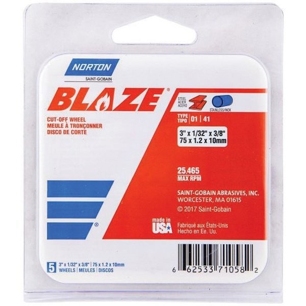 Norton Abrasives 3 x 1/32 x 3/8 Blaze Type-41 Cut-Off Wheel, 5PK - 66253371058