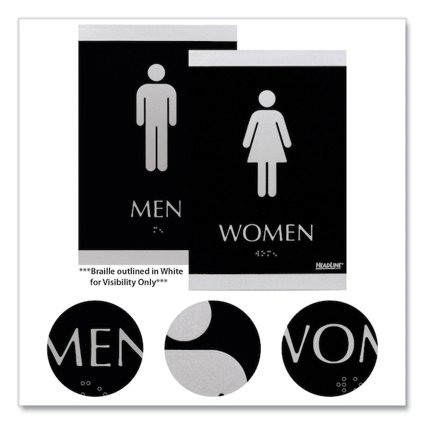 Headline Sign Century Series Office Sign, Men; Women, 6 x 9, Black/Silver - 4248