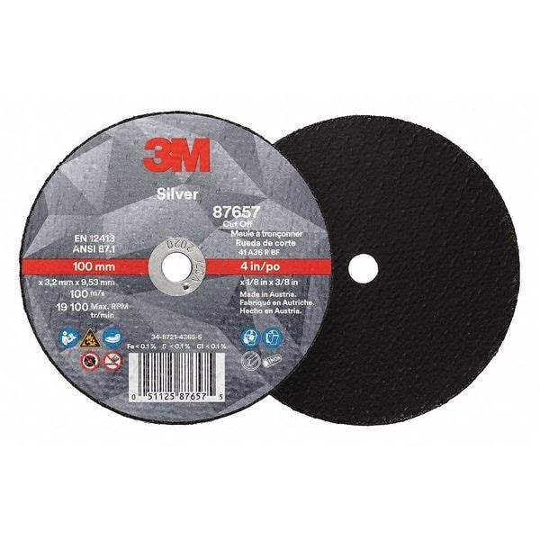 3M Abrasive Cut-Off Wheel, Type 1, 4 in Dia, 0.125 in Thick, 3/8 in Arbor Hole Size, Ceramic, 36 Grit - 87657