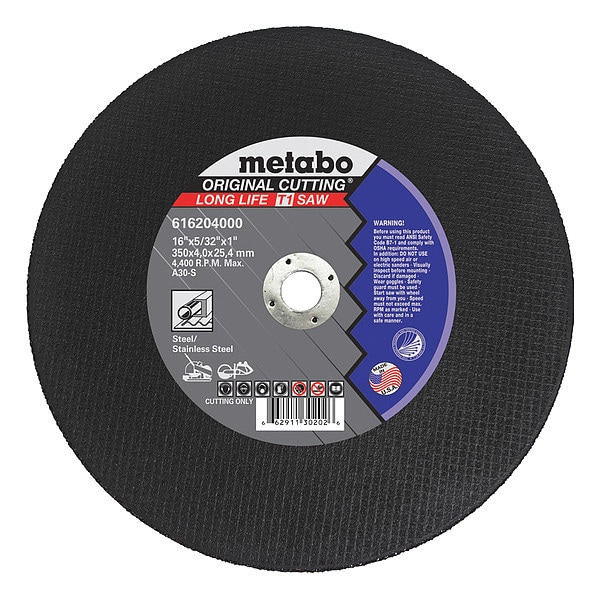 Metabo CutOff Wheel, T1, A30V, 20"X3/16"X1", Type 1, 20 in Dia, 3/16 in Thick, 1 in Arbor Hole Size - 616367000