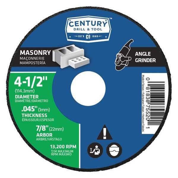 Century Drill & Tool Abrasive Cut-Off Wheel, Type 1, 4-1/2 in Dia, 0.045 in Thick, 7/8 in Arbor Hole Size, C46S Series - 75520