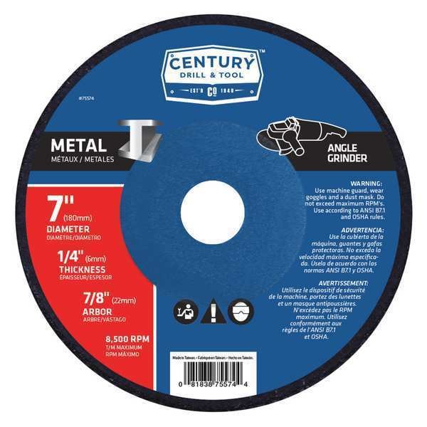 Century Drill & Tool Metal Grinding Wheel, 7x1/4 in., Type 27, Type 27, 7 in Dia, 1/4 in Thick, 7/8 in Arbor Hole Size - 75574
