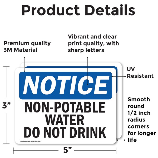 Signmission Non-Potable Water Not For Drinking, 5 in W x Rectangle, Vinyl Decal - OS-2PACK-NS-D-35-L-15094
