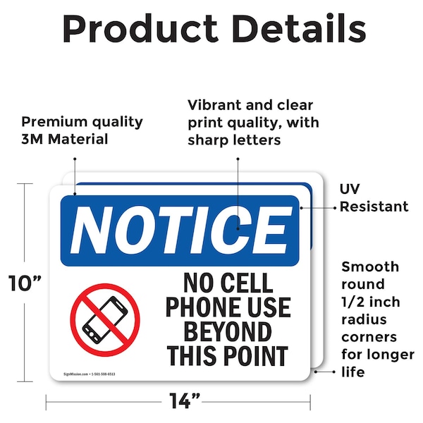 Signmission No Cell Phone Use Beyond This Point Sign With Symbol, 14 in W x Rectangle, Vinyl Decal - OS-2PACK-NS-D-1014-L-14413