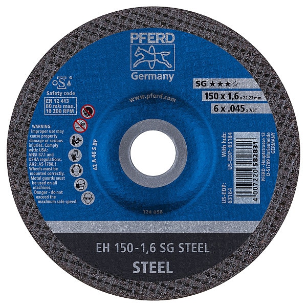 Pferd Abrasive Cut-Off Wheel, Type 27, 6 in Dia, 0.045 in Thick, 7/8 in Arbor Hole Size, Aluminum Oxide - 63164