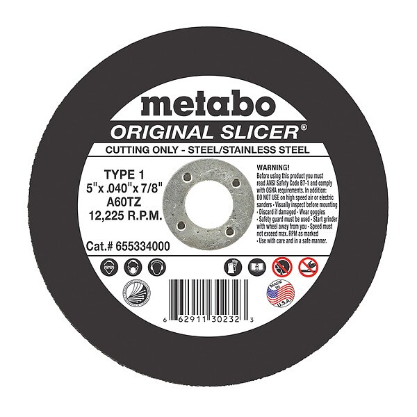 Metabo Abrasive Cut-Off Wheel, Type 1, 5 in Dia, 0.04 in Thick, 7/8 in Arbor Hole Size, Aluminum Oxide - 655334000