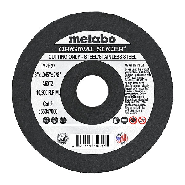 Metabo Abrasive Cut-Off Wheel, Type 27, 6 in Dia, 0.045 in Thick, 7/8 in Arbor Hole Size, Aluminum Oxide - 655347000