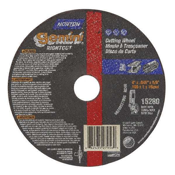 Norton Abrasives Abrasive Cut-Off Wheel, Type 1, 4 in Dia, 0.045 in Thick, 5/8 in Arbor Hole Size, Aluminum Oxide - 66243527956