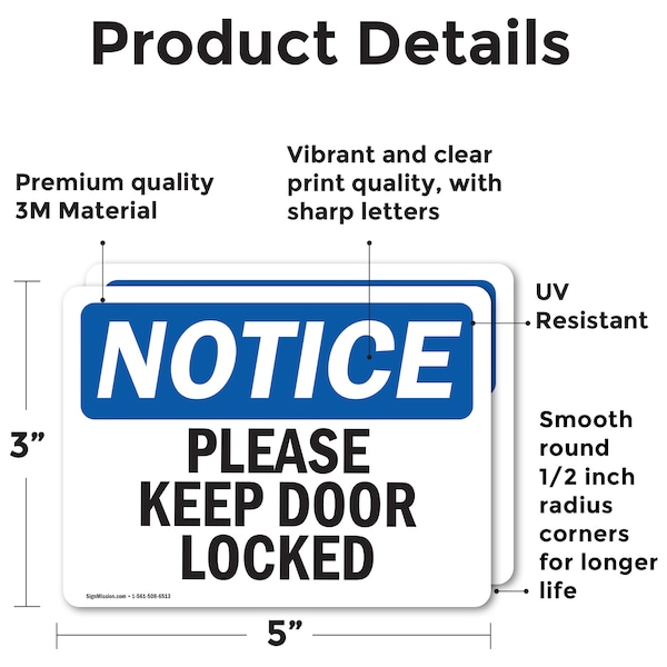 Signmission Please Keep Door Locked, 5 in W x Rectangle, Vinyl Decal - OS-2PACK-NS-D-35-L-17470