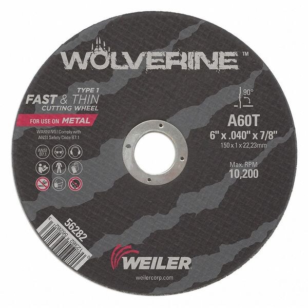 Weiler Abrasive Cut-Off Wheel, Type 1, 6 in Dia, 0.04 in Thick, 7/8 in Arbor Hole Size, Aluminum Oxide - 56282