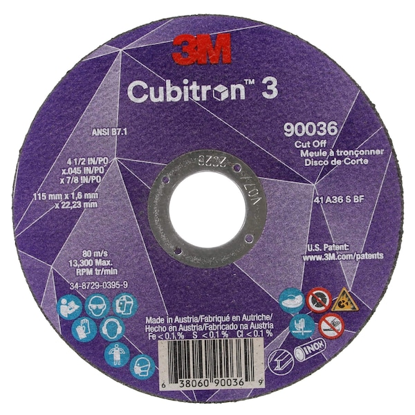 3M Cubitron Abrasive Cut-Off Wheel, Type 1, 4 1/2 in Dia, 0.045 in Thick, 7/8 in Arbor Hole Size, Ceramic - 90036