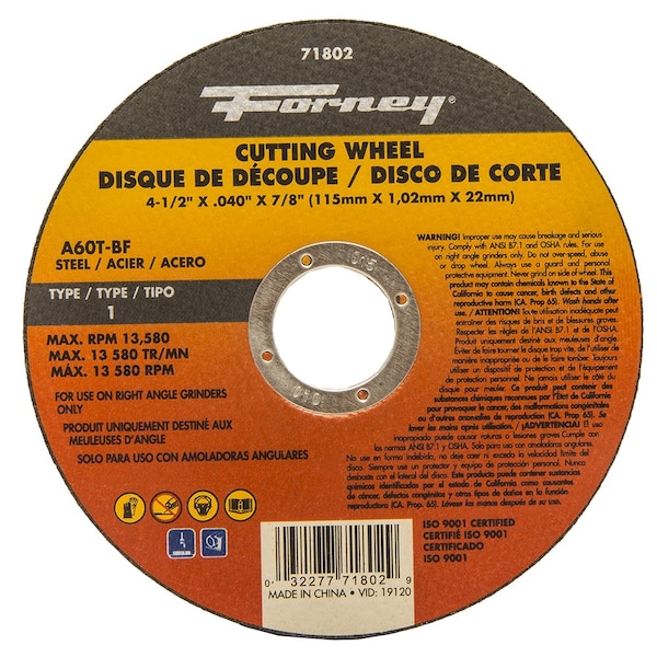 Forney Cut-Off Wheel, Metal, Type 1, 4-1/2 in x .040 in x 7/8 in - 71802