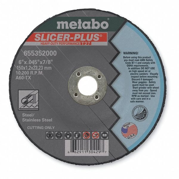 Metabo Abrasive Cut-Off Wheel, Type 27, 6 in Dia, 0.045 in Thick, 7/8 in Arbor Hole Size, A60TX Series - 655352000