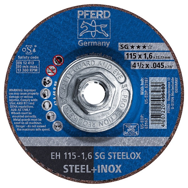 Pferd Abrasive Cut-Off Wheel, Type 27, 4-1/2 in Dia, 0.045 in Thick, 5/8 in-11 Arbor Hole Size, 46 Grit - 63187