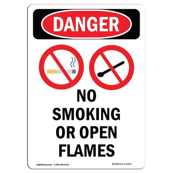 Signmission Safety Sign, OSHA Danger, 24" Height, Aluminum, No Smoking Or Open Flames, Portrait - OS-DS-A-1824-V-1475