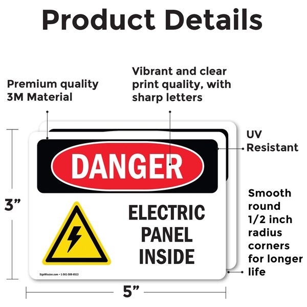 Signmission Electric Panel Inside Danger Sign, Vinyl Decal, 5in W x 3.5in L, 2PK - OS-2PACK-DS-D-35-L-2203