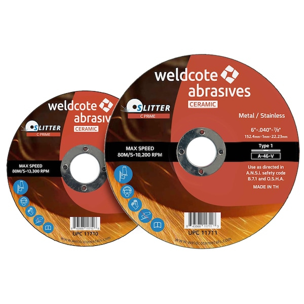 Weldcote Right Angle Grinder Wheels, Cutting SLITTER C-PRIME Type 1, 6in x 0.045in x 5/8-11, 10PK - 11711