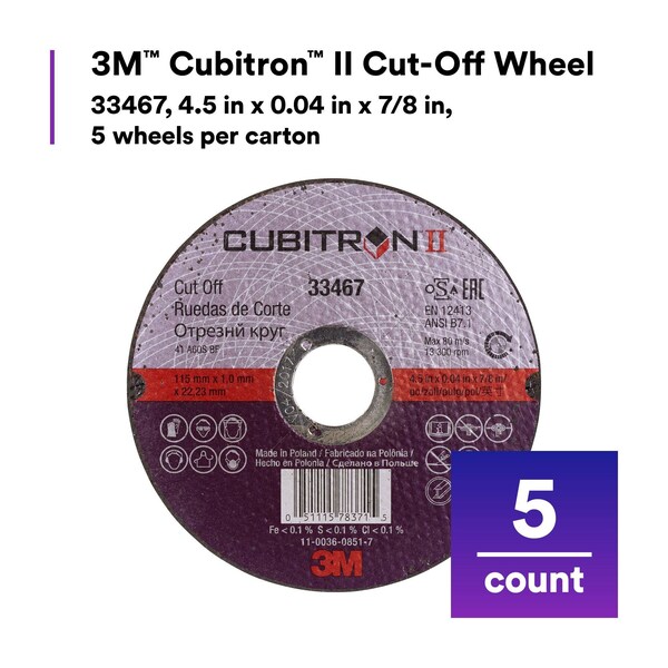 3M Cubitron 3M II Cut-Off Wheel, 4.5 in x 0.04 in x 7/8 in, 5 per pack, 6PK - 33467