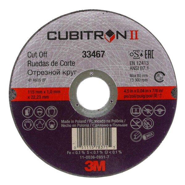 3M Cubitron 3M II Cut-Off Wheel, 4.5 in x 0.04 in x 7/8 in, 5 per pack, 6PK - 33467