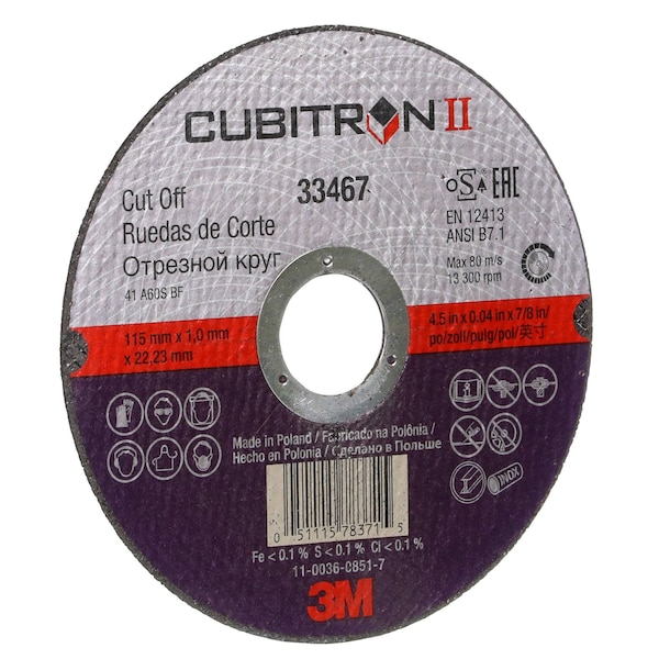 3M Cubitron 3M II Cut-Off Wheel, 4.5 in x 0.04 in x 7/8 in, 5 per pack, 6PK - 33467