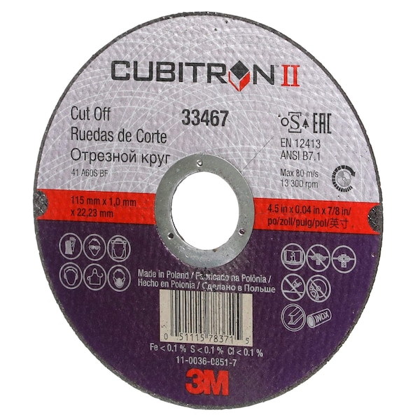 3M Cubitron 3M II Cut-Off Wheel, 4.5 in x 0.04 in x 7/8 in, 5 per pack, 6PK - 33467