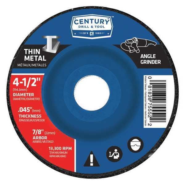 Century Drill & Tool Abrasive Cut-Off Wheel, TYPE 27A, 4-1/2 in Dia, 0.045 in Thick, 7/8 in Arbor Hole Size, A60T Series - 75552