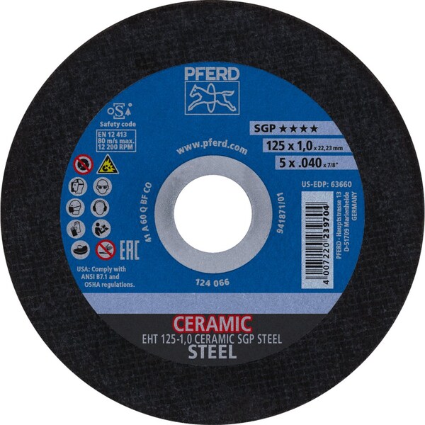 Pferd 5'' x .040'' Cut-Off Wheel, 7/8'' A.H. - CERAMIC SGP STEEL - Type 1 - 63660