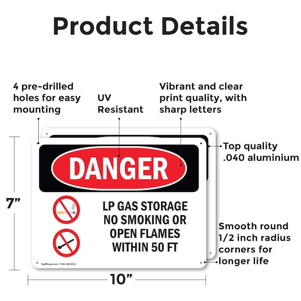 Signmission LP Gas Storage No Smoking Open Flames 50 Ft Danger Sign, Aluminum, 10in W x 7in L, 2PK - OS-2PACK-DS-A-710-L-1444