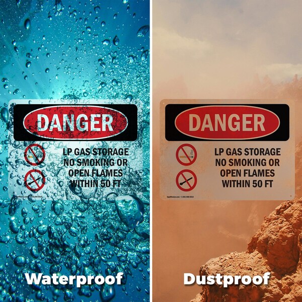 Signmission LP Gas Storage No Smoking Open Flames 50 Ft Danger Sign, Aluminum, 10in W x 7in L, 2PK - OS-2PACK-DS-A-710-L-1444