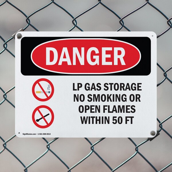 Signmission LP Gas Storage No Smoking Open Flames 50 Ft Danger Sign, Aluminum, 10in W x 7in L, 2PK - OS-2PACK-DS-A-710-L-1444