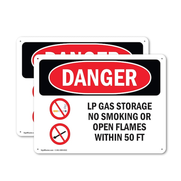 Signmission LP Gas Storage No Smoking Open Flames 50 Ft Danger Sign, Aluminum, 10in W x 7in L, 2PK - OS-2PACK-DS-A-710-L-1444