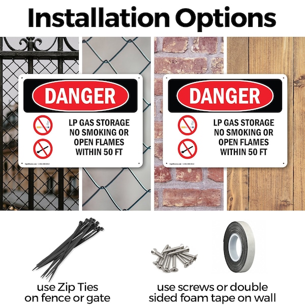 Signmission LP Gas Storage No Smoking Open Flames 50 Ft Danger Sign, Aluminum, 10in W x 7in L, 2PK - OS-2PACK-DS-A-710-L-1444