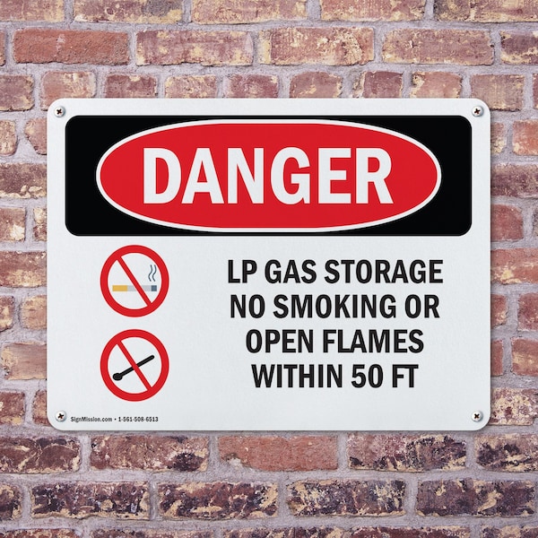 Signmission LP Gas Storage No Smoking Open Flames 50 Ft Danger Sign, Aluminum, 10in W x 7in L, 2PK - OS-2PACK-DS-A-710-L-1444
