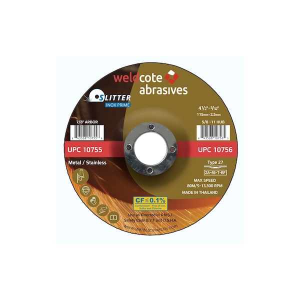 Slitter Inox Prime Right Angle Grinder Wheels, Cutting - SLITTER INOX - PRIME, 4-1/2in x 3/32 2.5mm x 7/8, 25PK - 10755