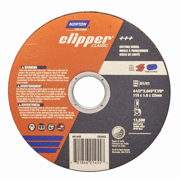 Norton Co 4.5 x 0.87 in. Clipper Aluminum Oxide Classic Cut-Off Wheel - 2027303