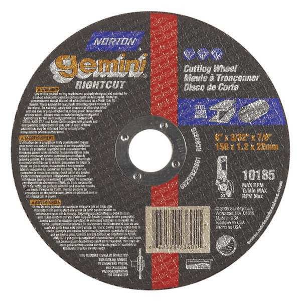 Norton Abrasives Abrasive Cut-Off Wheel, Type 1, 6 in Dia, 0.0938 in Thick, 7/8 in Arbor Hole Size, Aluminum Oxide - 66252823601