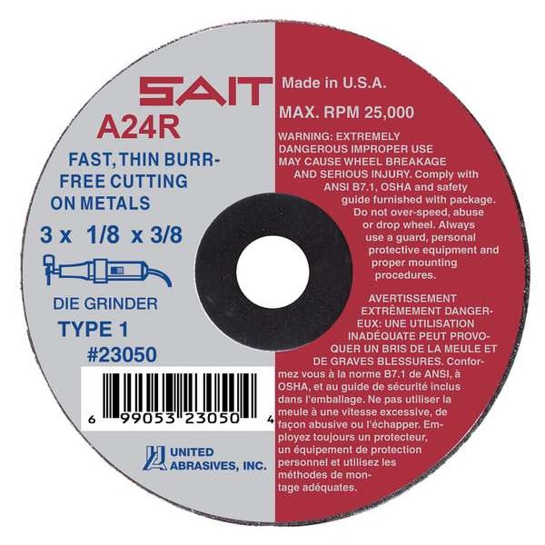 United Abrasives/Sait Abrasive Cut-Off Wheel, Type 1, 4 in Dia, 0.125 in Thick, 3/8 in Arbor Hole Size, Aluminum Oxide - 23075