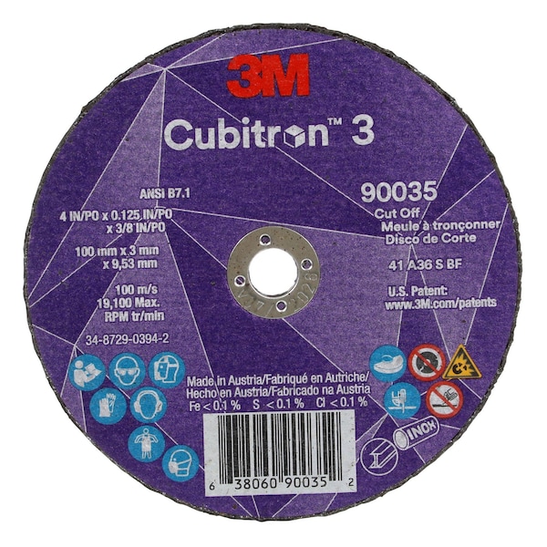 3M Cubitron Abrasive Cut-Off Wheel, Type 1, 4 in Dia, 0.125 in Thick, 3/8 in Arbor Hole Size, Ceramic, 36 Grit - 90035