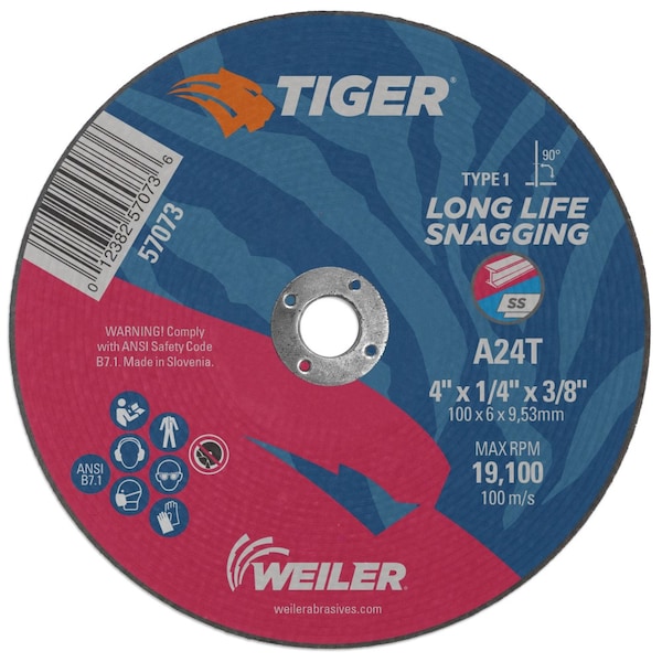 Weiler 4" x 1/4" TIGER AO Type 1 Snagging Wheel, A24T, 3/8" A.H. - 57073