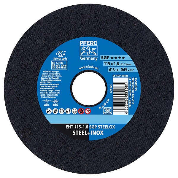 Pferd Abrasive Cut-Off Wheel, Type 1, 4-1/2 in Dia, 0.045 in Thick, 7/8 in Arbor Hole Size, 46 Grit - 69846