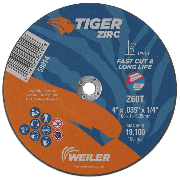 Weiler 4" x .035" Tiger Zirc Type 1 Cut-Off Wheel, Z60T, 1/4" A.H. - 58014